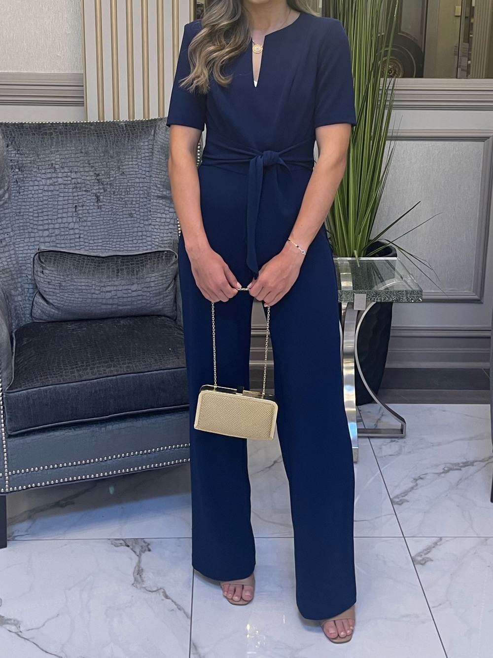 Adrianna Papell Women's Navy Tie-Waist Jumpsuit Size 4